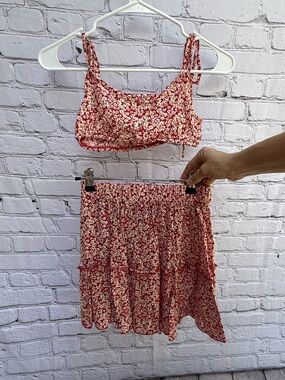 Red Floral Tie Strap Crop Top Tiered Mini Skirt Two Piece Set